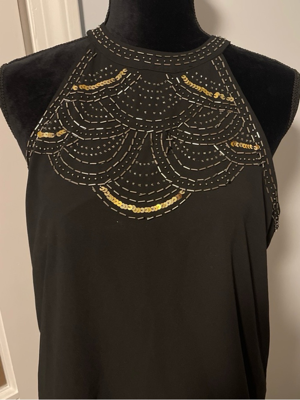 Women’s paper crane, elegant, black halter top with gold sequence